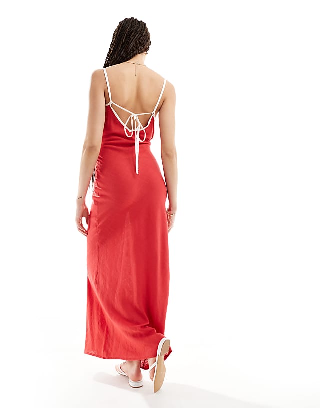 Asos ASOS DESIGN Tall Linen Slip Dress With Contrast Binding In Cherry Red