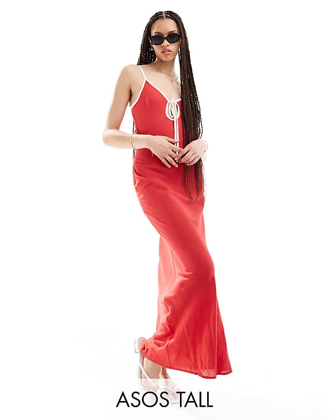 asos ASOS DESIGN Tall linen slip dress with contrast binding in cherry red