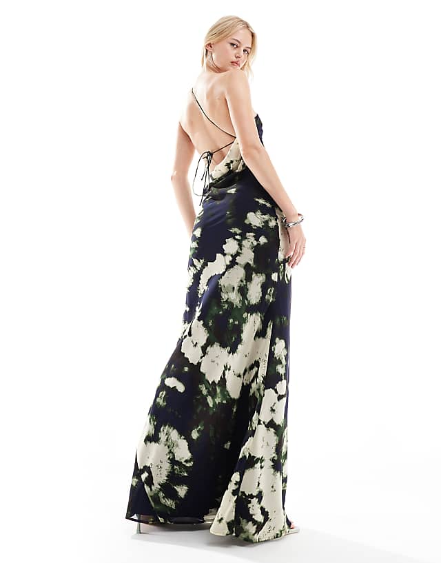Asos ASOS DESIGN Tall One Shoulder Maxi Dress With Open Back In Black Abstract Print