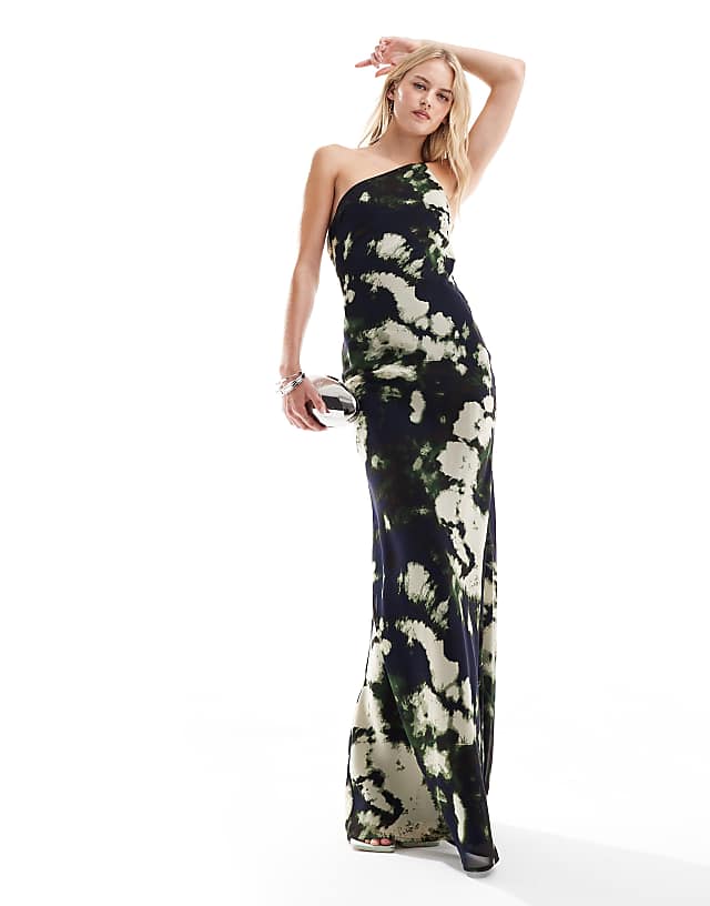 Asos ASOS DESIGN Tall One Shoulder Maxi Dress With Open Back In Black Abstract Print