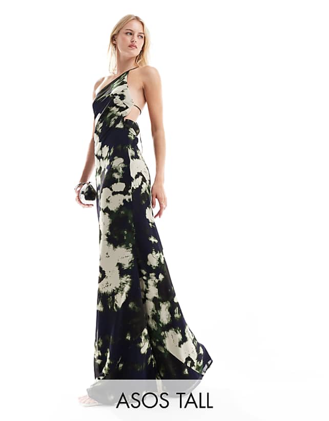 asos ASOS DESIGN Tall one shoulder maxi dress with open back in black abstract print