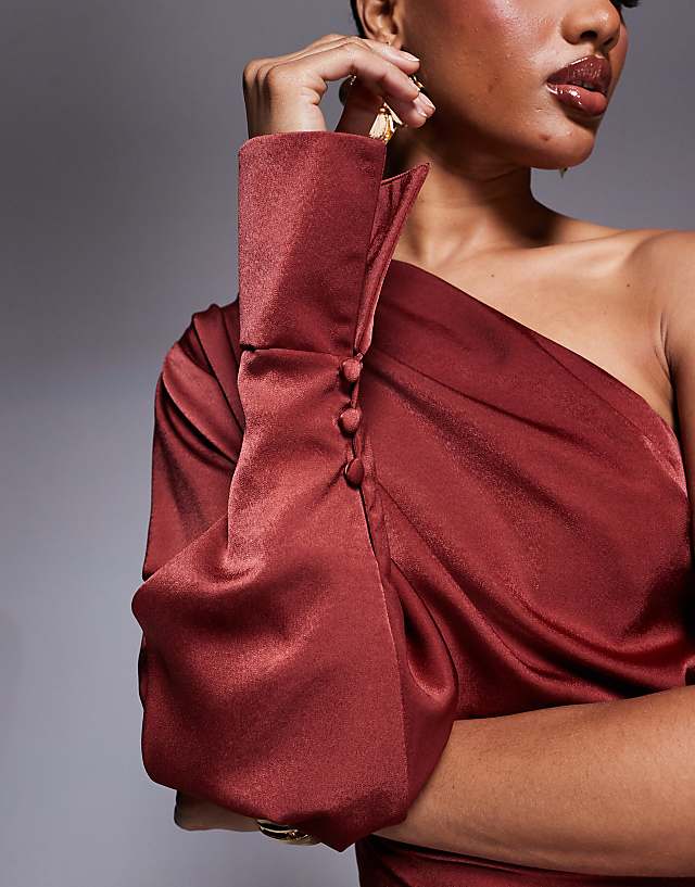 Asos ASOS DESIGN Tall One Shoulder Satin Maxi Dress In Rust