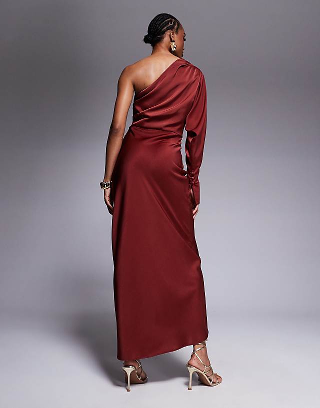Asos ASOS DESIGN Tall One Shoulder Satin Maxi Dress In Rust