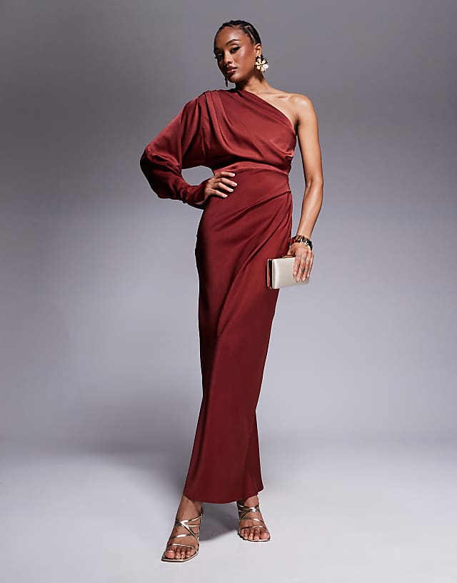 asos ASOS DESIGN Tall one shoulder satin maxi dress in rust