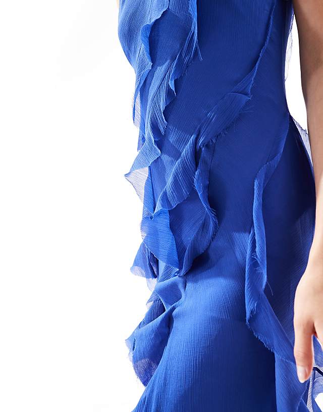 Asos ASOS DESIGN Tall Racer Neckline Ruffle Maxi Dress With Hi Low Hem In Cobalt Blue