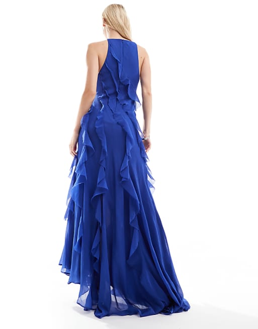 Asos ASOS DESIGN Tall Racer Neckline Ruffle Maxi Dress With Hi Low Hem In Cobalt Blue