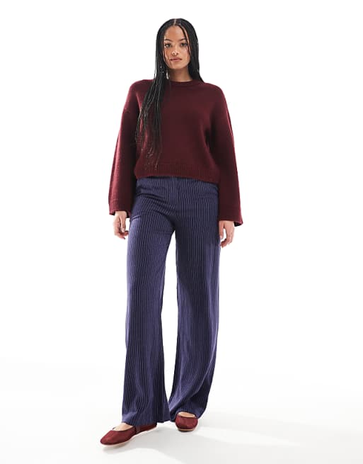 asos ASOS DESIGN Tall relaxed straight leg trousers with linen in navy stripe