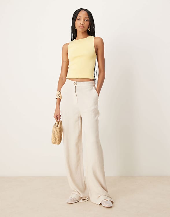 asos ASOS DESIGN Tall relaxed straight leg trousers with linen in stone
