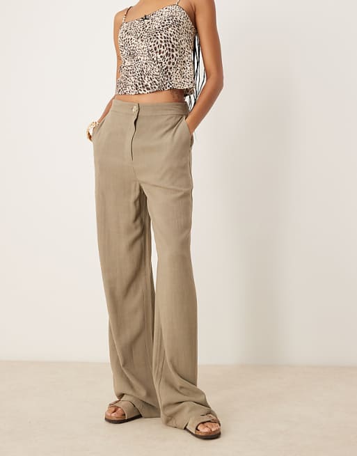 Asos ASOS DESIGN Tall Relaxed Straight Leg Trousers With Linen In Khaki
