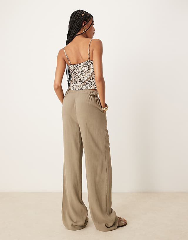 Asos ASOS DESIGN Tall Relaxed Straight Leg Trousers With Linen In Khaki