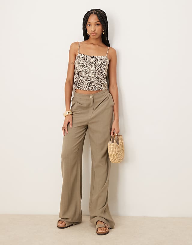 asos ASOS DESIGN Tall relaxed straight leg trousers with linen in khaki