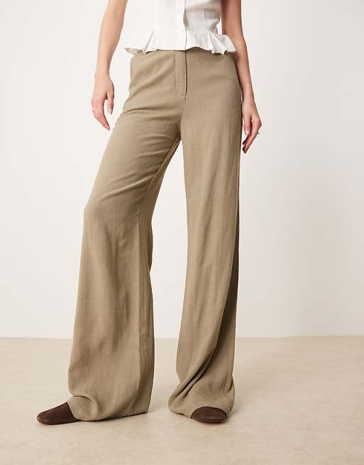 Asos ASOS DESIGN Tall Relaxed Straight Leg Trousers With Linen In Khaki