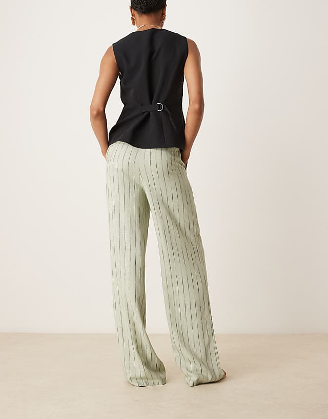 Asos ASOS DESIGN Tall Relaxed Straight Leg Trousers With Linen In Sage Squiggle Stripe