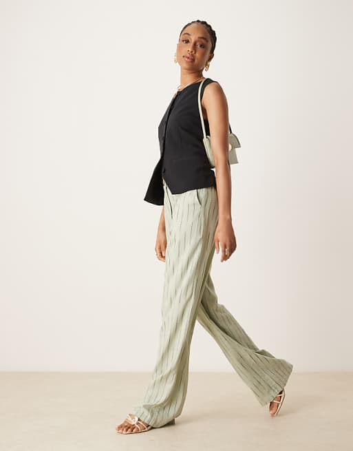 asos ASOS DESIGN Tall relaxed straight leg trousers with linen in sage squiggle stripe