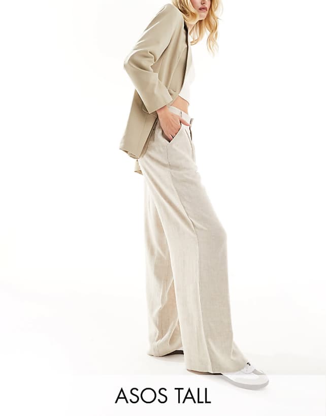 asos ASOS DESIGN Tall relaxed straight leg trousers with linen in natural