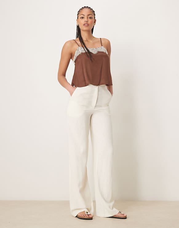 asos ASOS DESIGN Tall relaxed straight leg trousers with linen in off white