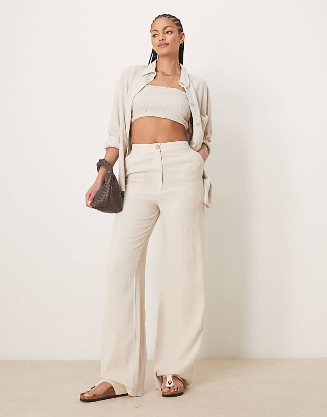 asos ASOS DESIGN Tall relaxed straight leg trousers with linen in stone