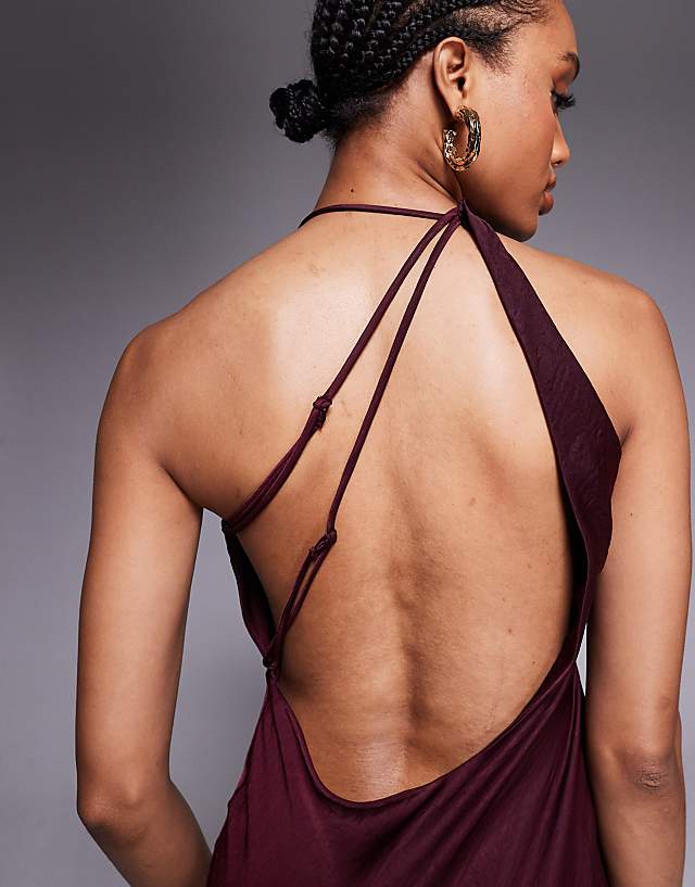 Asos ASOS DESIGN Tall Satin Asymmetric Strap Midaxi Dress With Split In Dark Cherry