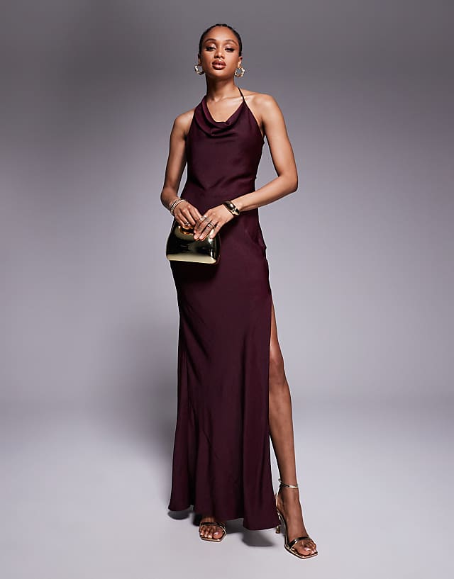asos ASOS DESIGN Tall satin asymmetric strap midaxi dress with split in dark cherry
