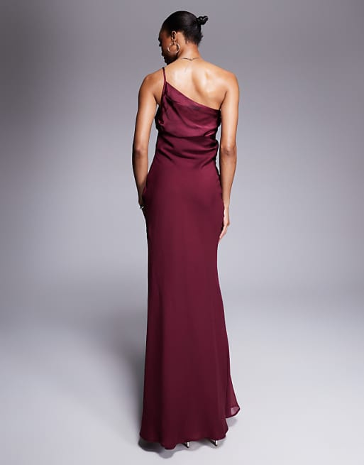 Asos ASOS DESIGN Tall Satin Chiffon Mix Draped One Shoulder Maxi Dress In Burgundy