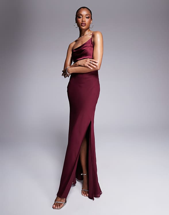 asos ASOS DESIGN Tall satin chiffon mix draped one shoulder maxi dress in burgundy