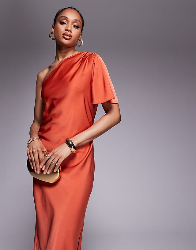 Asos ASOS DESIGN Tall Satin One Shoulder Flutter Sleeve Midi Dress In Autumn Glaze