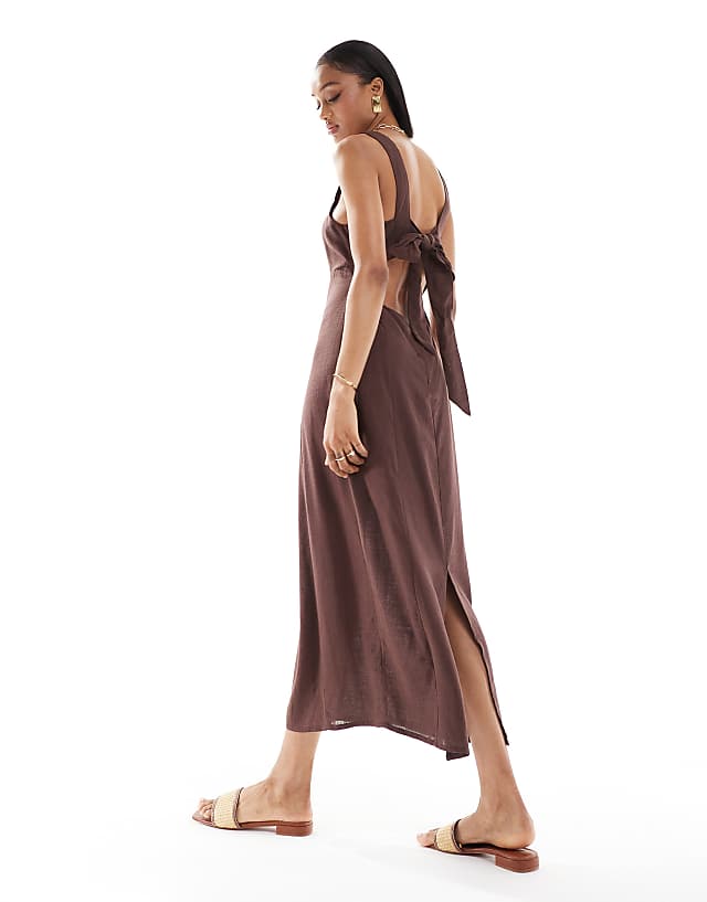 Asos ASOS DESIGN Tall Square Neck Tie Back Linen Midi Sundress In Chocolate