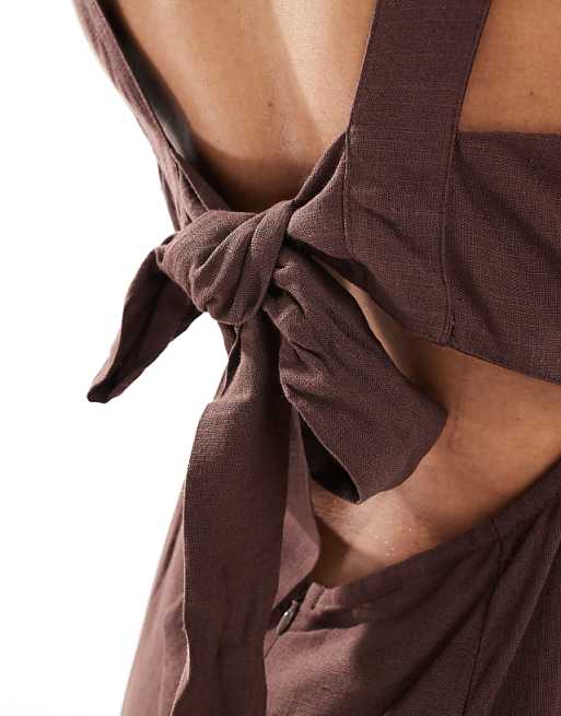 Asos ASOS DESIGN Tall Square Neck Tie Back Linen Midi Sundress In Chocolate