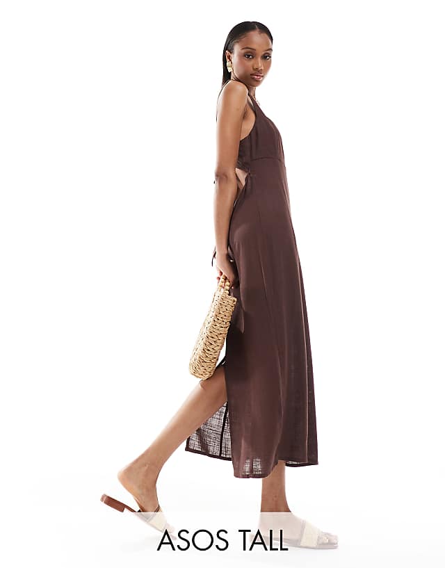 asos ASOS DESIGN Tall square neck tie back linen midi sundress in chocolate