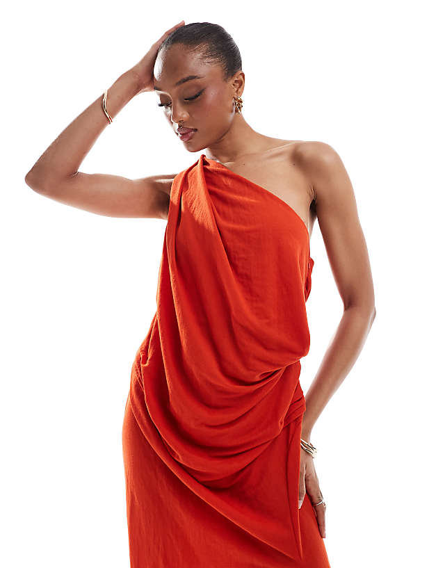 Asos ASOS DESIGN Tall Stretch Linen One Shoulder Drape Maxi Dress In Rust
