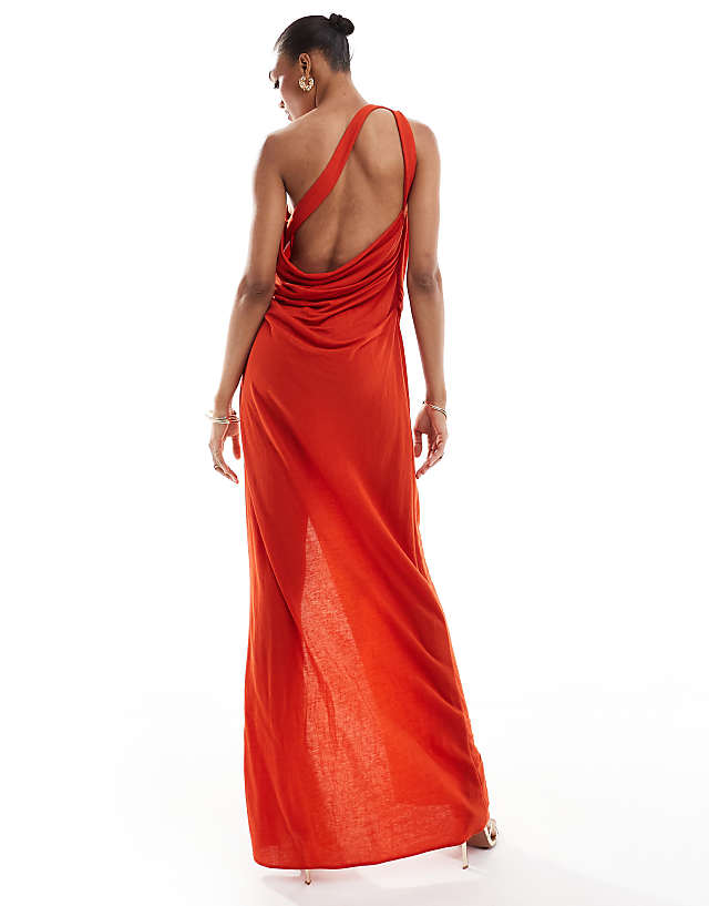 Asos ASOS DESIGN Tall Stretch Linen One Shoulder Drape Maxi Dress In Rust