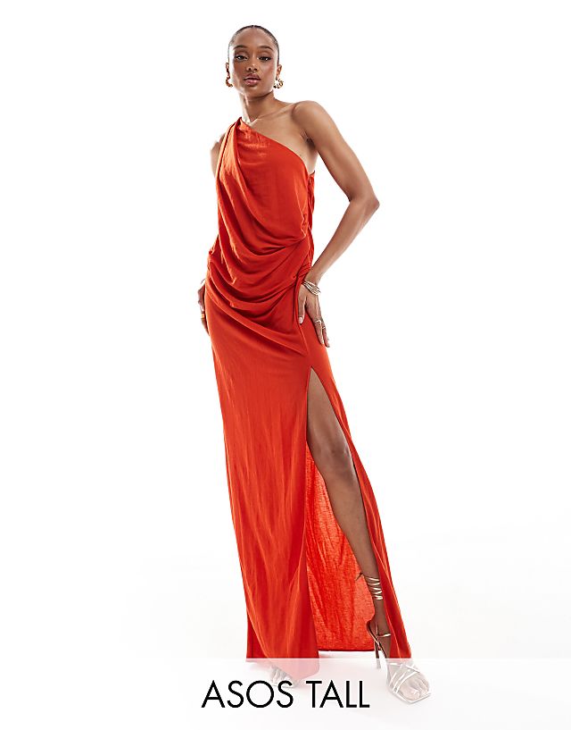 asos ASOS DESIGN Tall stretch linen one shoulder drape maxi dress in rust