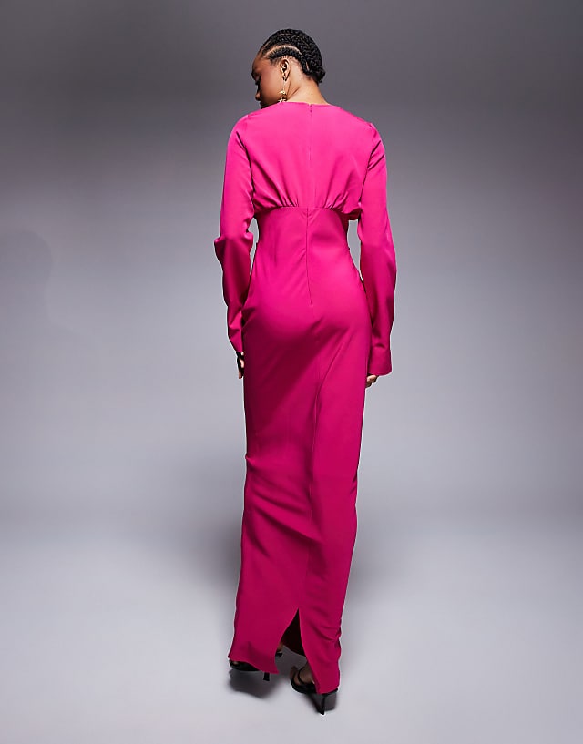 Asos ASOS DESIGN Tall Structured Long Sleeve Maxi Dress With Ruched Bust In Pink