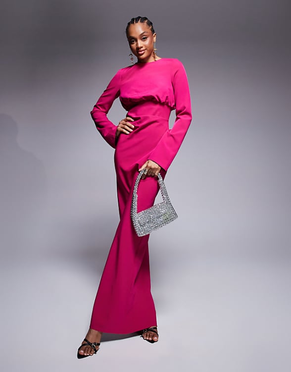 asos ASOS DESIGN Tall structured long sleeve maxi dress with ruched bust in pink