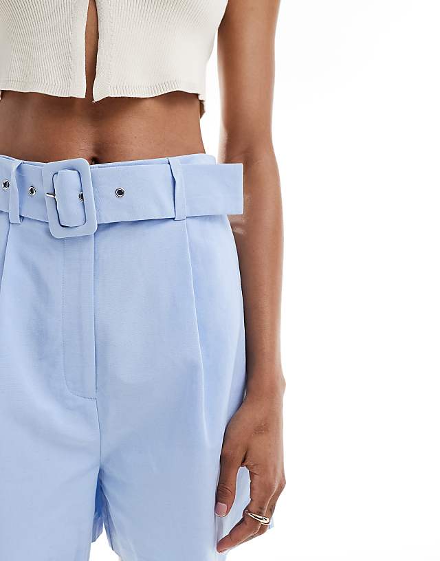 Asos ASOS DESIGN Tall Tailored Belted Short With Linen In Light Blue