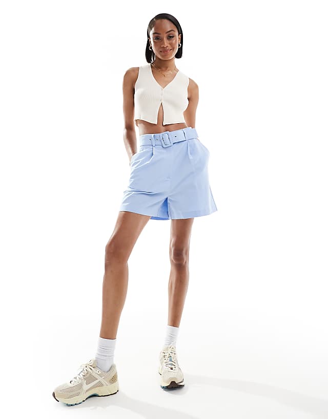 Asos ASOS DESIGN Tall Tailored Belted Short With Linen In Light Blue