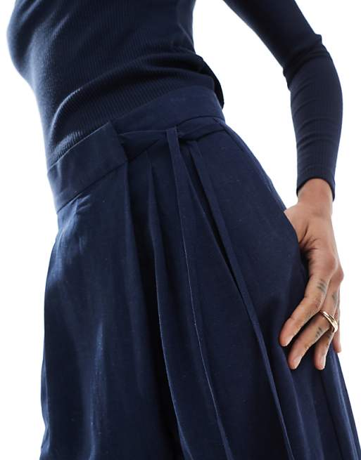 Asos ASOS DESIGN Tall Tailored Wrap Tie Trousers With Linen In Navy