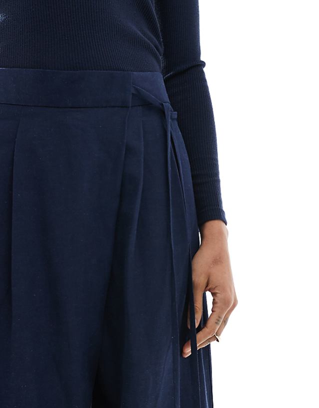 Asos ASOS DESIGN Tall Tailored Wrap Tie Trousers With Linen In Navy