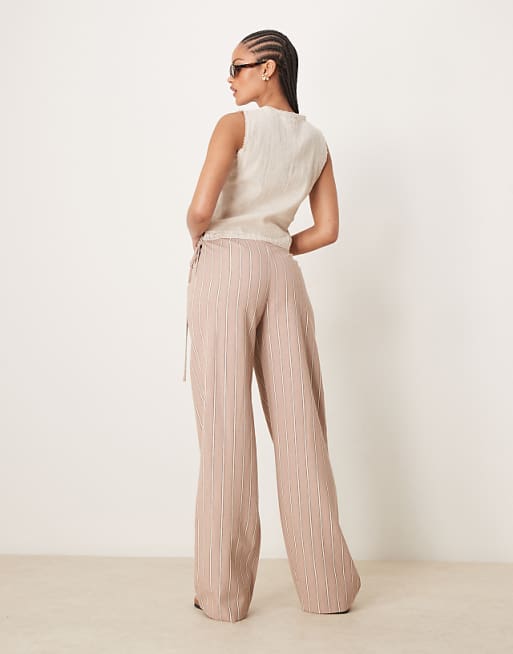 Asos ASOS DESIGN Tall Tailored Wrap Tie Trousers With Linen In Mink Stripe