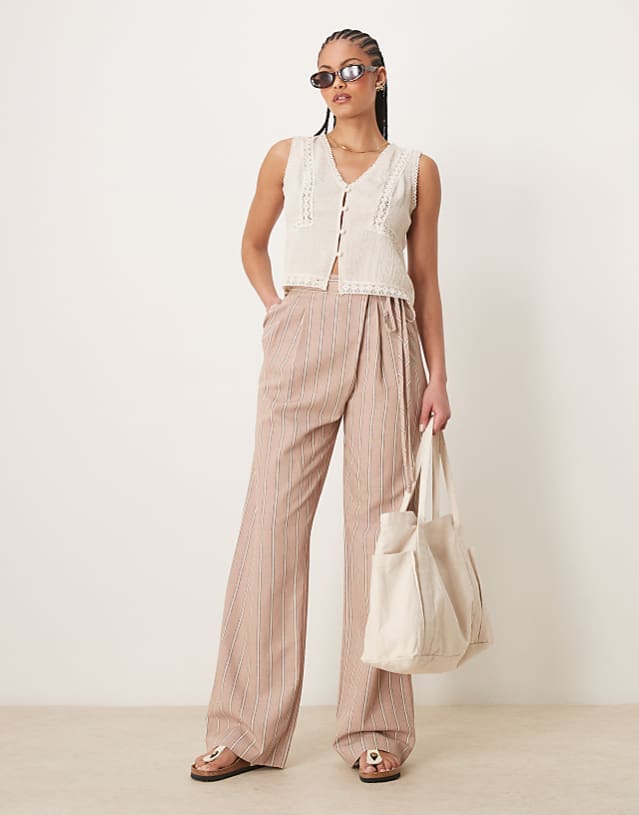 asos ASOS DESIGN Tall tailored wrap tie trousers with linen in mink stripe