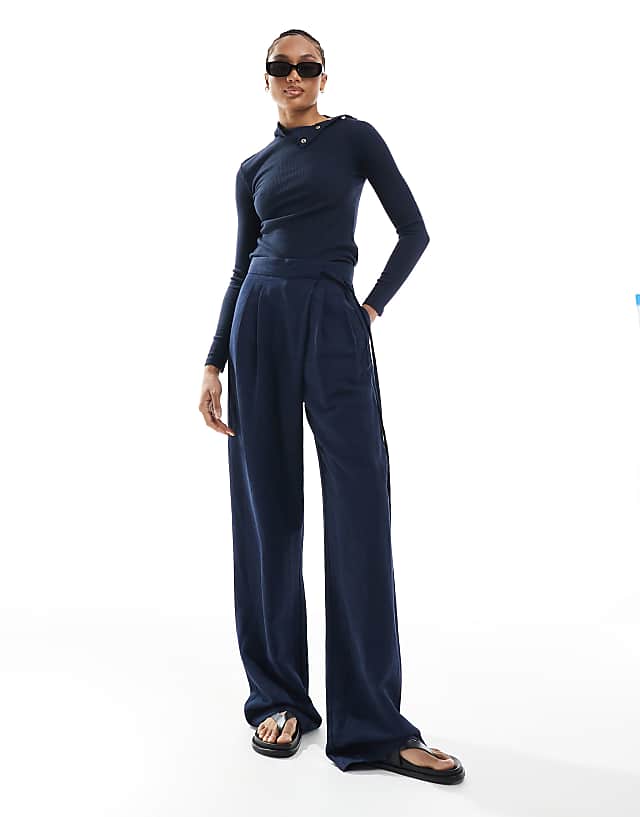 asos ASOS DESIGN Tall tailored wrap tie trousers with linen in navy