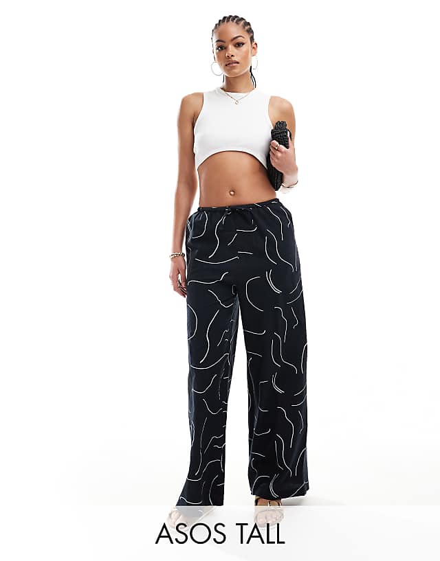 asos ASOS DESIGN Tall wide leg trouser with linen in mono print