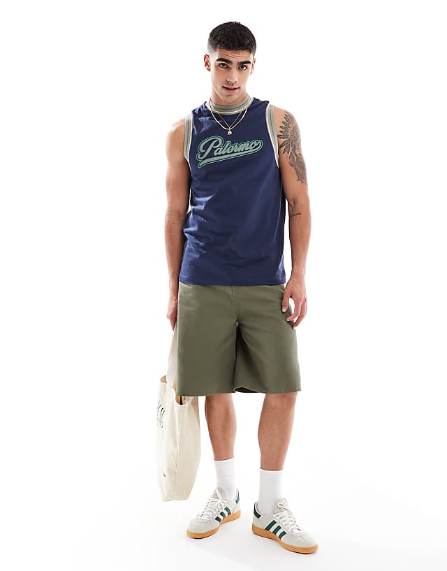 Asos ASOS DESIGN Tank With Sports Tipping And City Graphic In Navy
