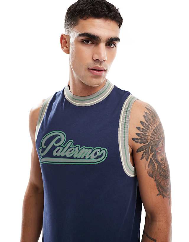 Asos ASOS DESIGN Tank With Sports Tipping And City Graphic In Navy