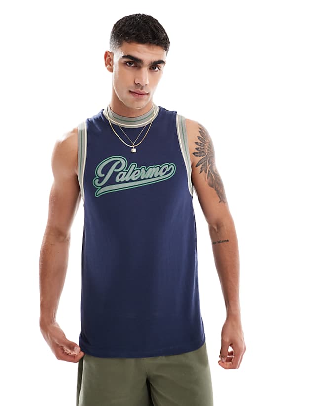 asos ASOS DESIGN tank with sports tipping and city graphic in navy