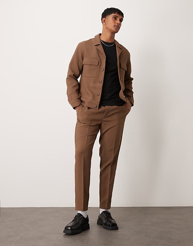Asos ASOS DESIGN Tapered Smart Co-ord Pull On Trousers In Brown Rib