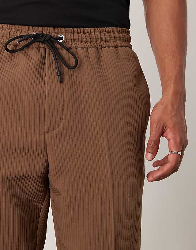 Asos ASOS DESIGN Tapered Smart Co-ord Pull On Trousers In Brown Rib