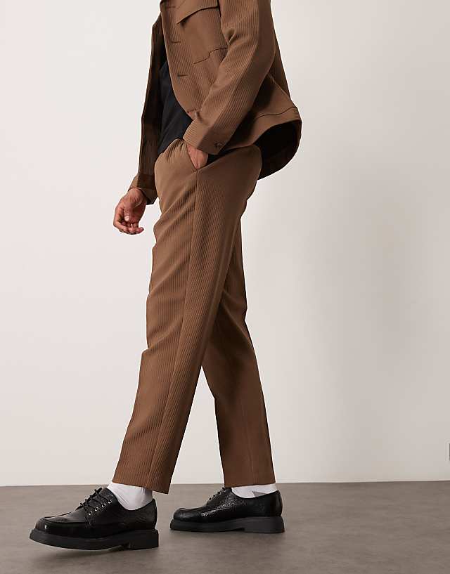 asos ASOS DESIGN tapered smart co-ord pull on trousers in brown rib