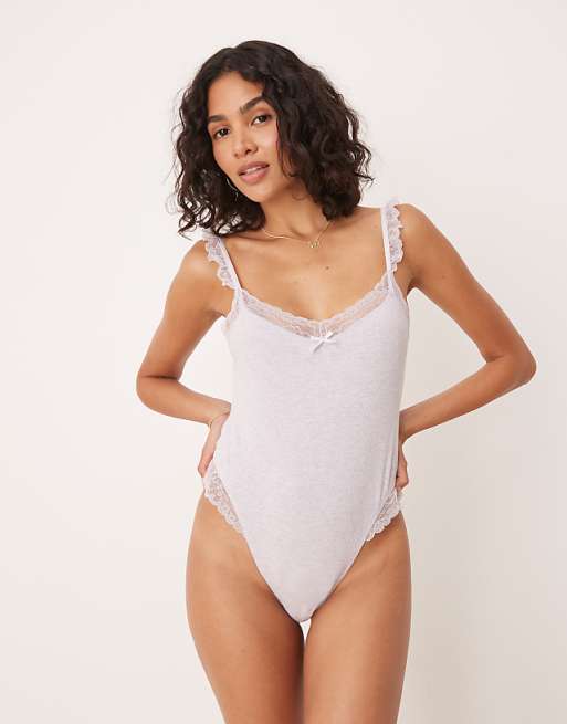 asos ASOS DESIGN Taylor rib soft body with lace trim in washed lilac