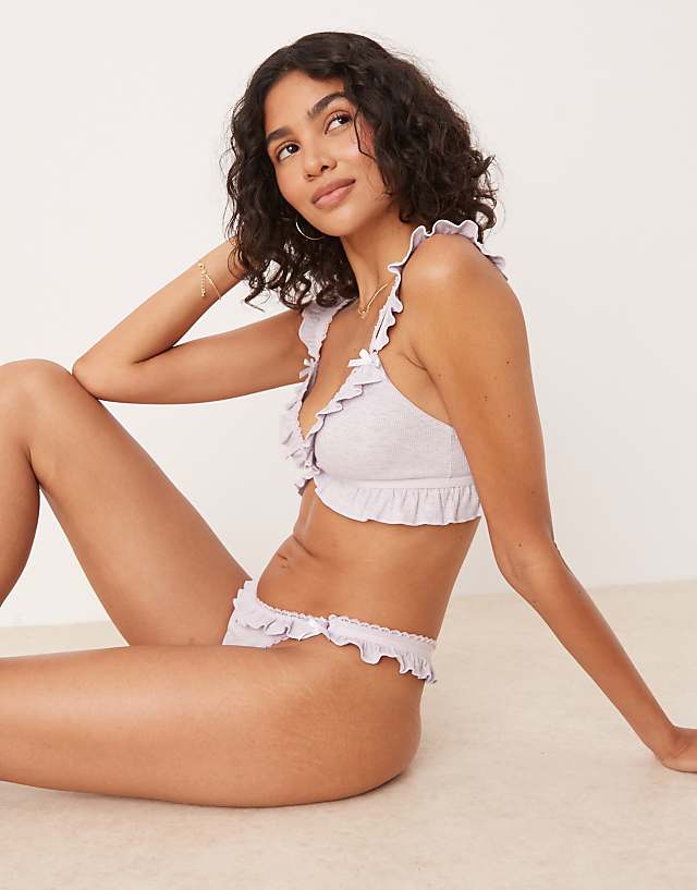 Asos ASOS DESIGN Taylor Rib Soft Bra And Thong Set In Washed Lilac